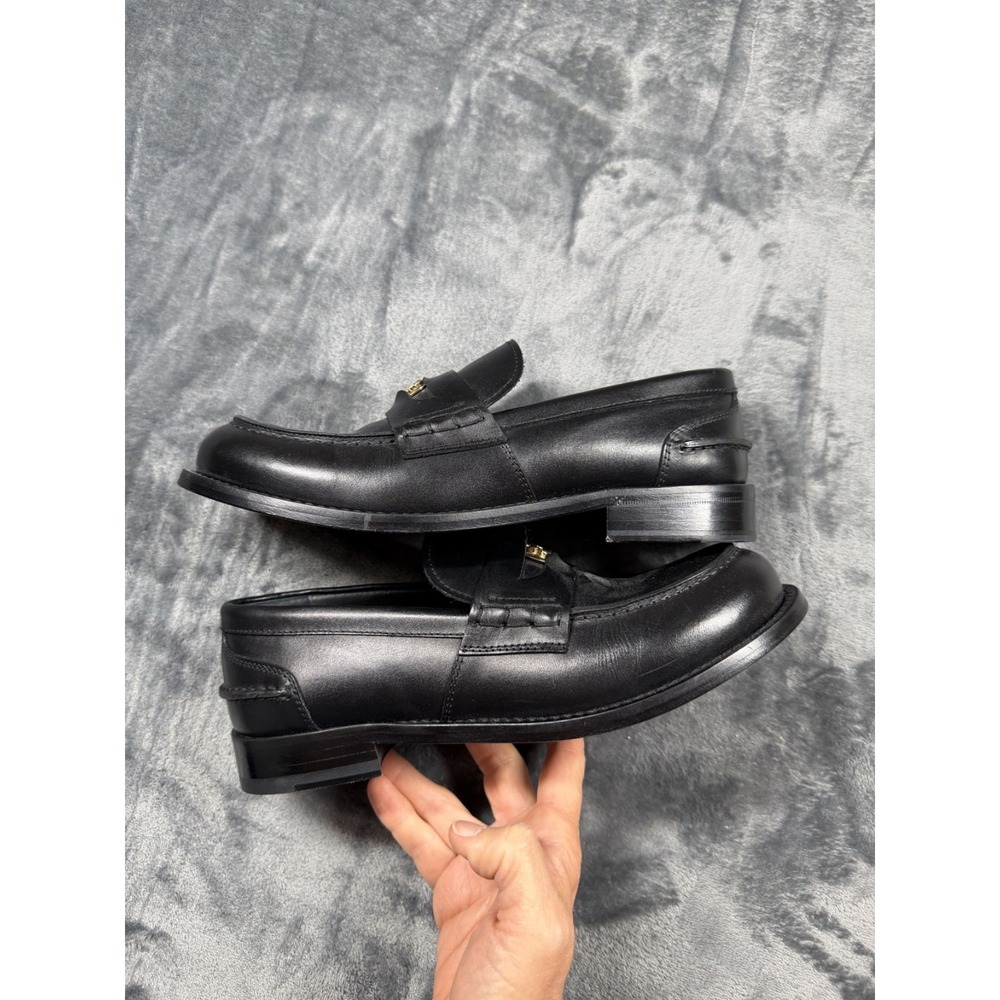 Roberto Cavalli Women 38.5 Black Leather Loafers Gold Logo Made in Italy - Picture 5 of 13